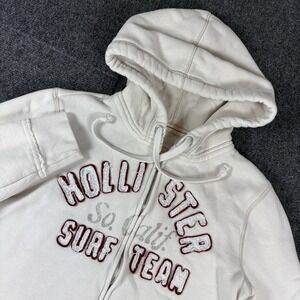 Vintage 90s Y2K Hollister Womens Medium Distressed Spell Out Heavy Hoodie‎ Beige